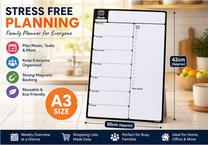 Large A3 Magnetic Fridge Wipe Board | Family Weekly Planner, Shopping List & Memo Board | 4 Colour Markers
