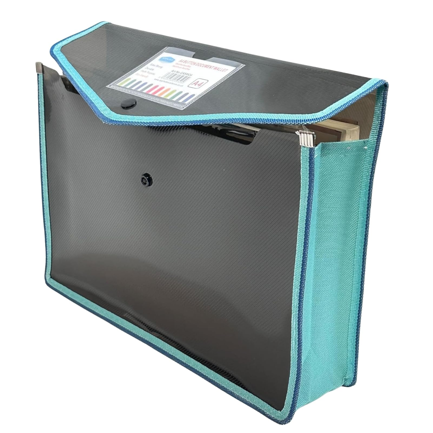 A4 Button Wallet File Folder | Plastic Poly Envelope with Stud Closure & Business Card Pocket | Pink, Teal Blue, Purple, Red