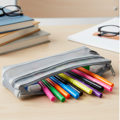 GenXon Mesh Pencil Case Pack of 3 | 2 Pockets | Zip Closure