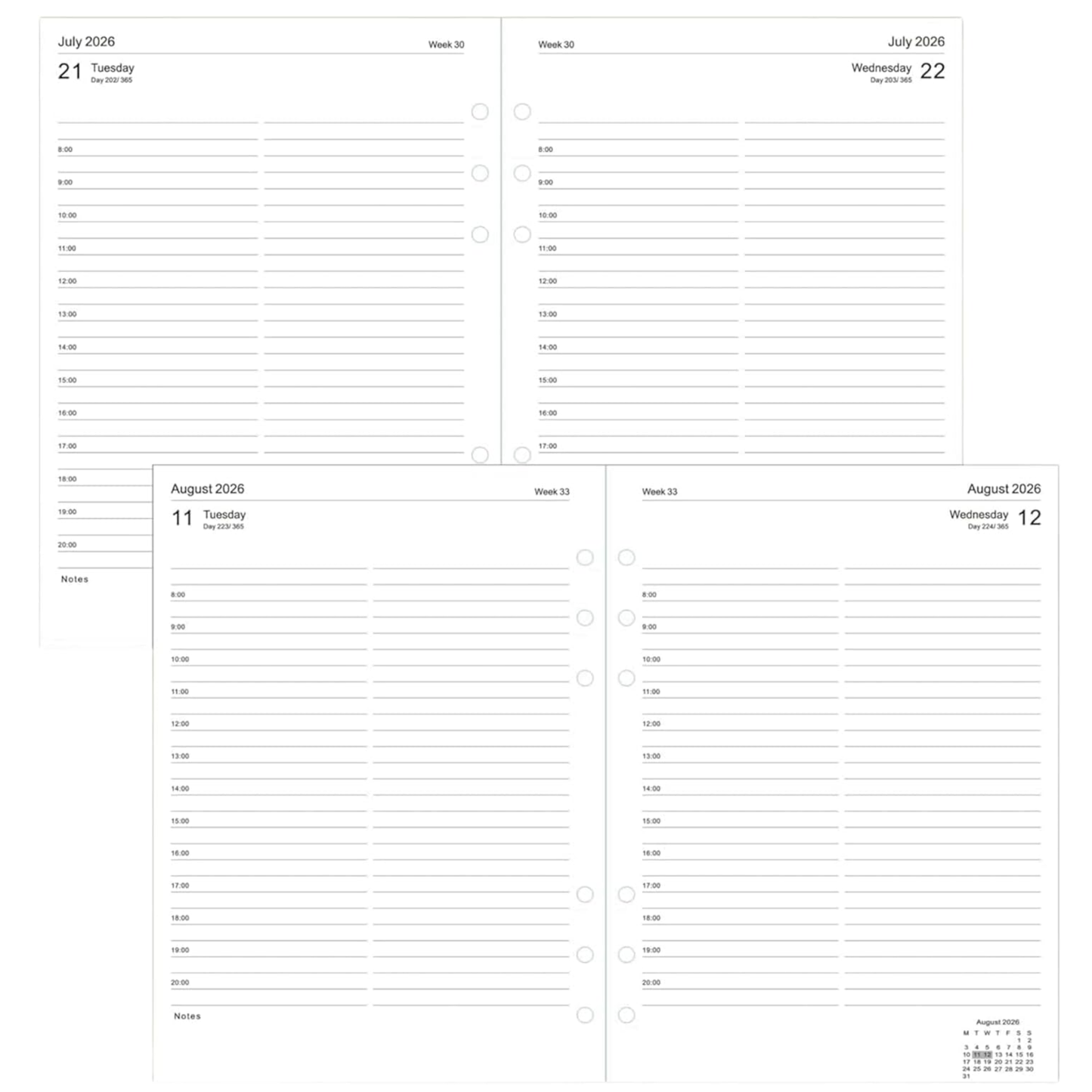 A5 Diary Refill 2026 – Day Per Page, Time Slots 8am–8pm | Filofax Compatible