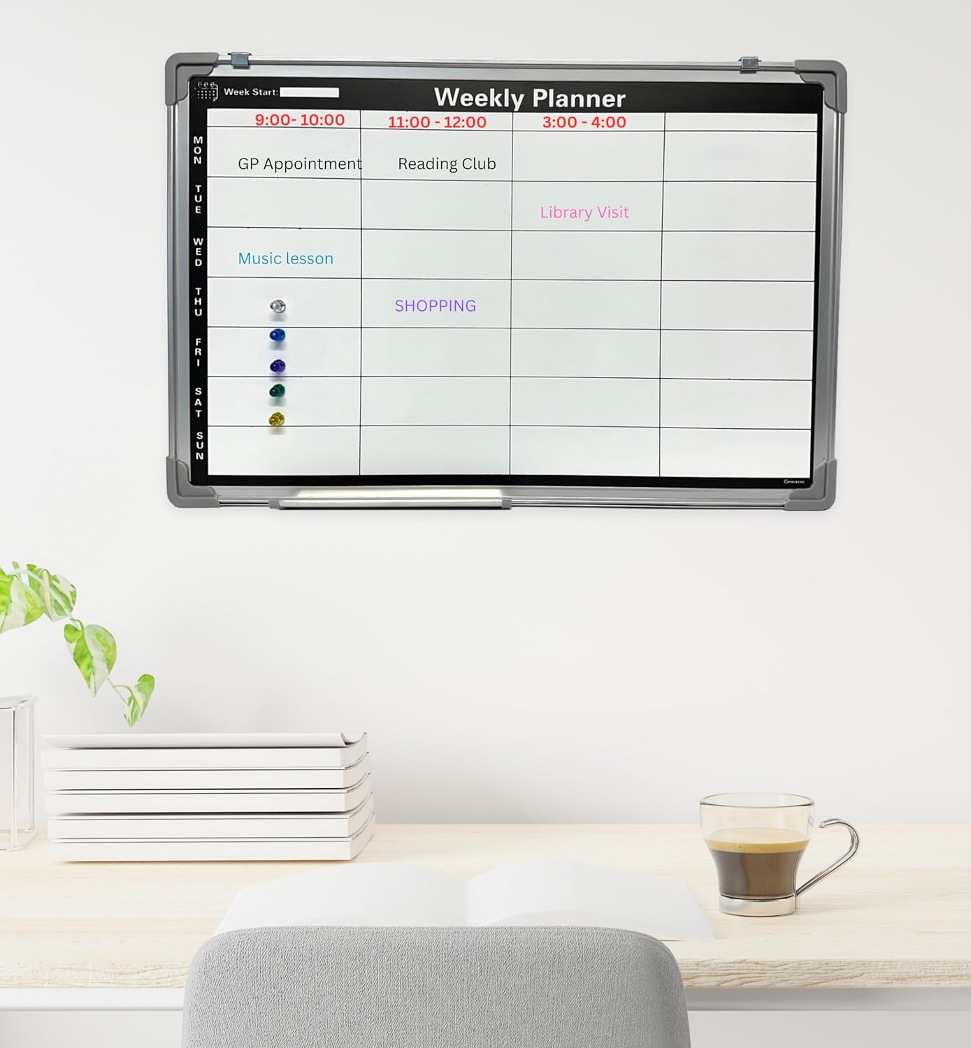 Magnetic Weekly Planner Whiteboard | 60x40cm Aluminium Frame | Dry-Wipe Wall Board | 5 Colour Markers