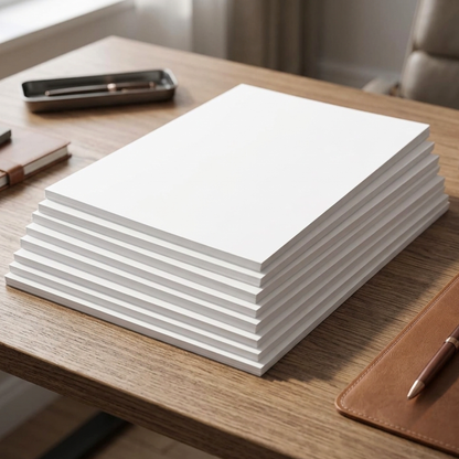 Stack of white notebooks on a wooden desk with a pen and leather-bound notebook.