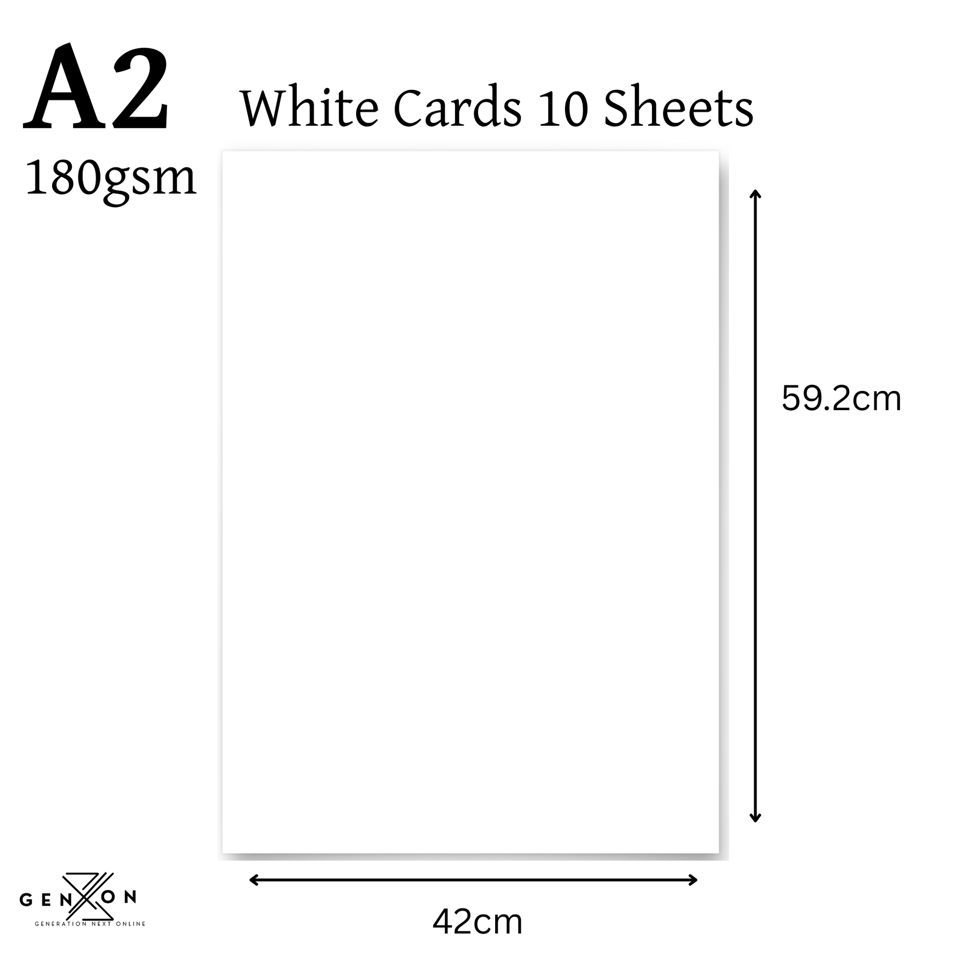 A2 size white card with dimensions and weight information on a white background