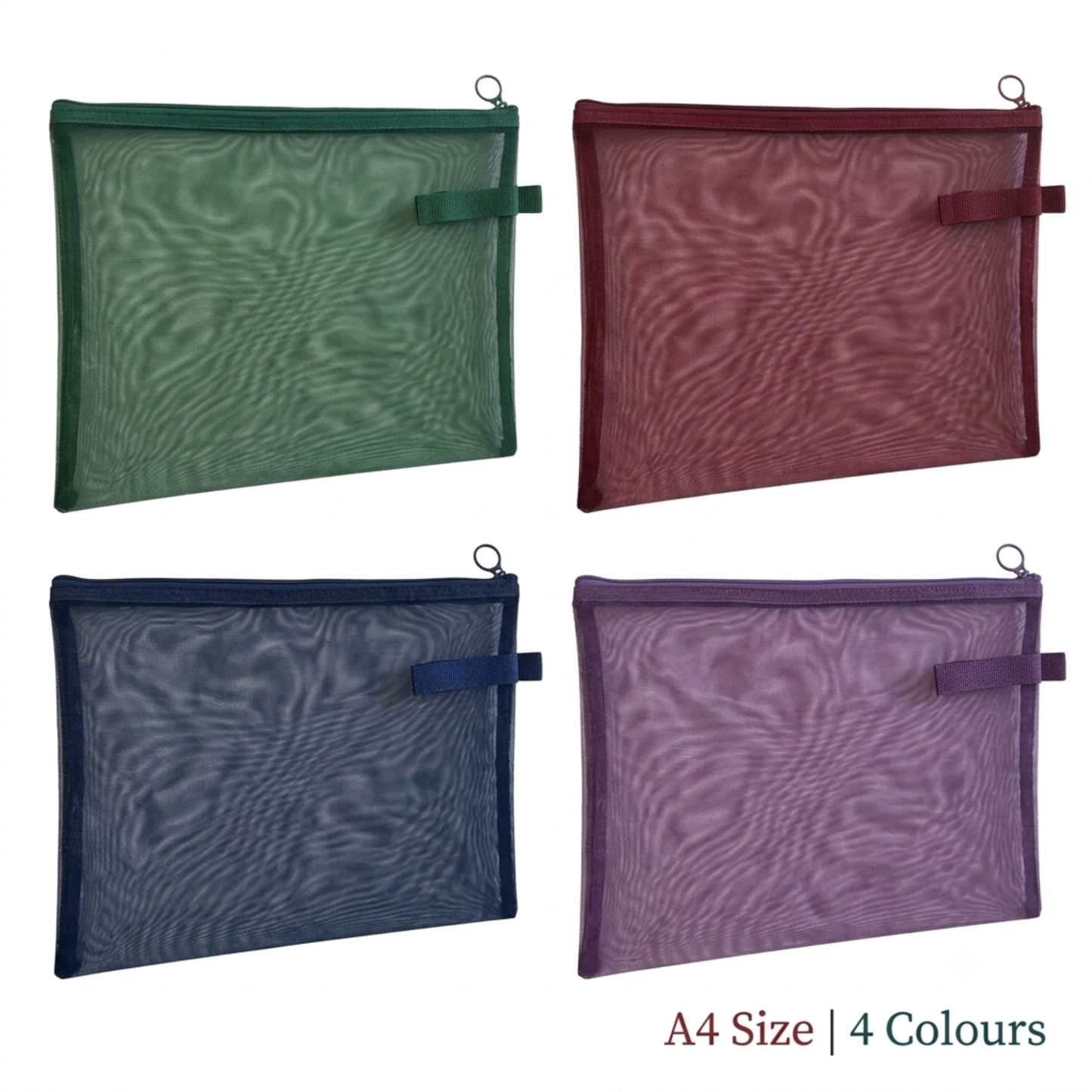A4 Mesh Zip Folders | Pack of 4 | Green, Burgundy, Navy & Purple | Document Pouch, Pencil Case & Bag Organiser