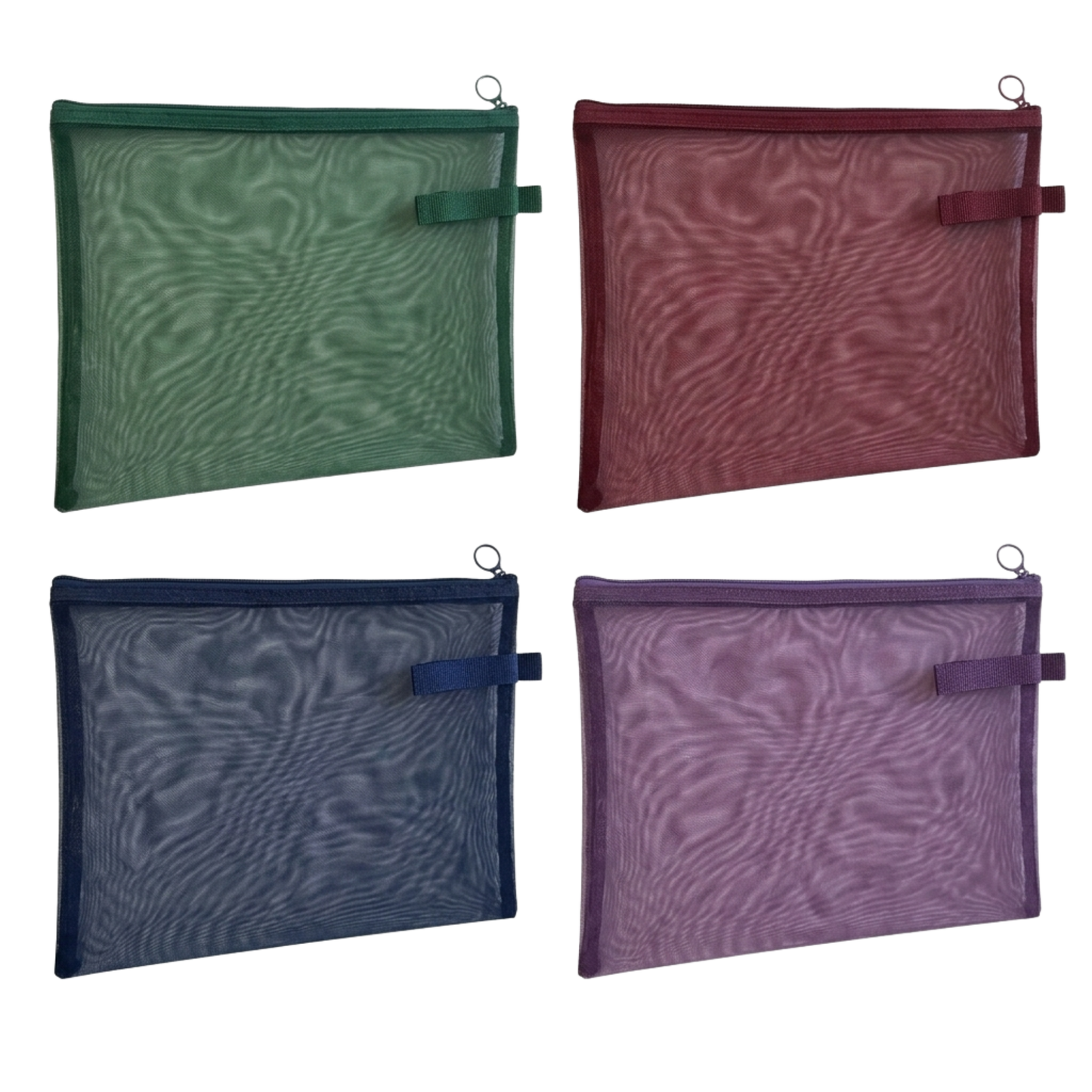 A4 Mesh Zip Folders | Pack of 4 | Green, Burgundy, Navy & Purple | Document Pouch, Pencil Case & Bag Organiser