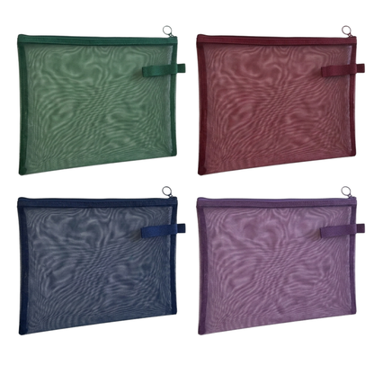 A4 Mesh Zip Folders | Pack of 4 | Green, Burgundy, Navy & Purple | Document Pouch, Pencil Case & Bag Organiser