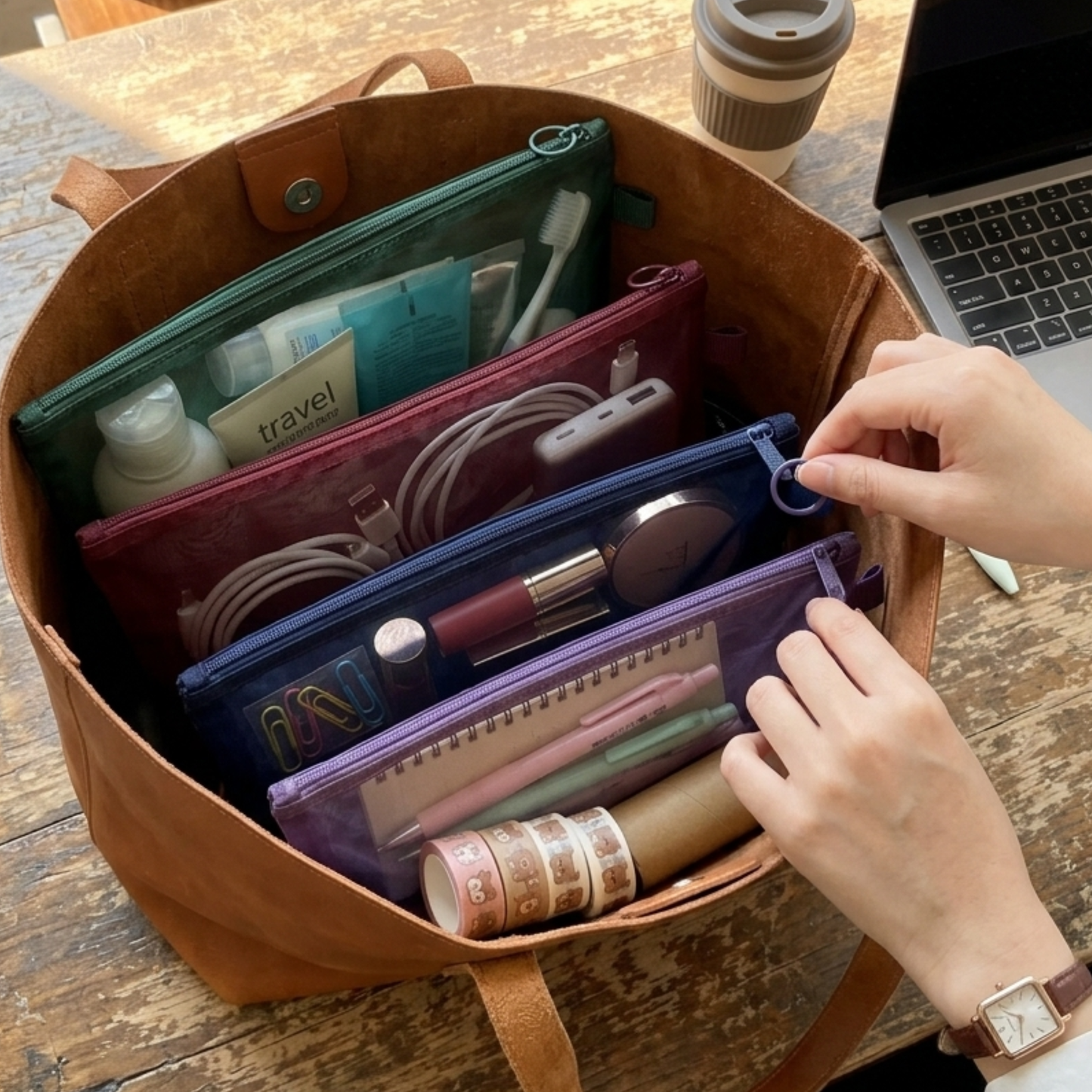 A4 Mesh Zip Folders | Pack of 4 | Green, Burgundy, Navy & Purple | Document Pouch, Pencil Case & Bag Organiser