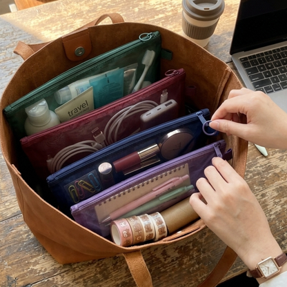 A4 Mesh Zip Folders | Pack of 4 | Green, Burgundy, Navy & Purple | Document Pouch, Pencil Case & Bag Organiser