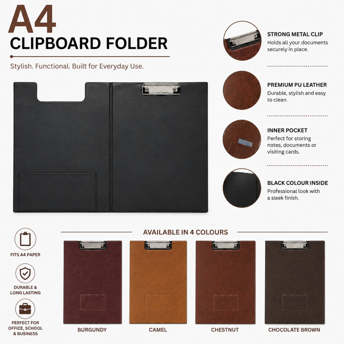 A4 Clipboard Folder | Leatherette Fold-Over Document Holder | Metal Clip & Inner Pocket | 4 Colours