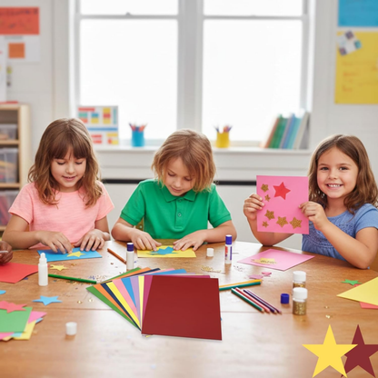 Children engaged in a craft activity at a table with colorful materials.