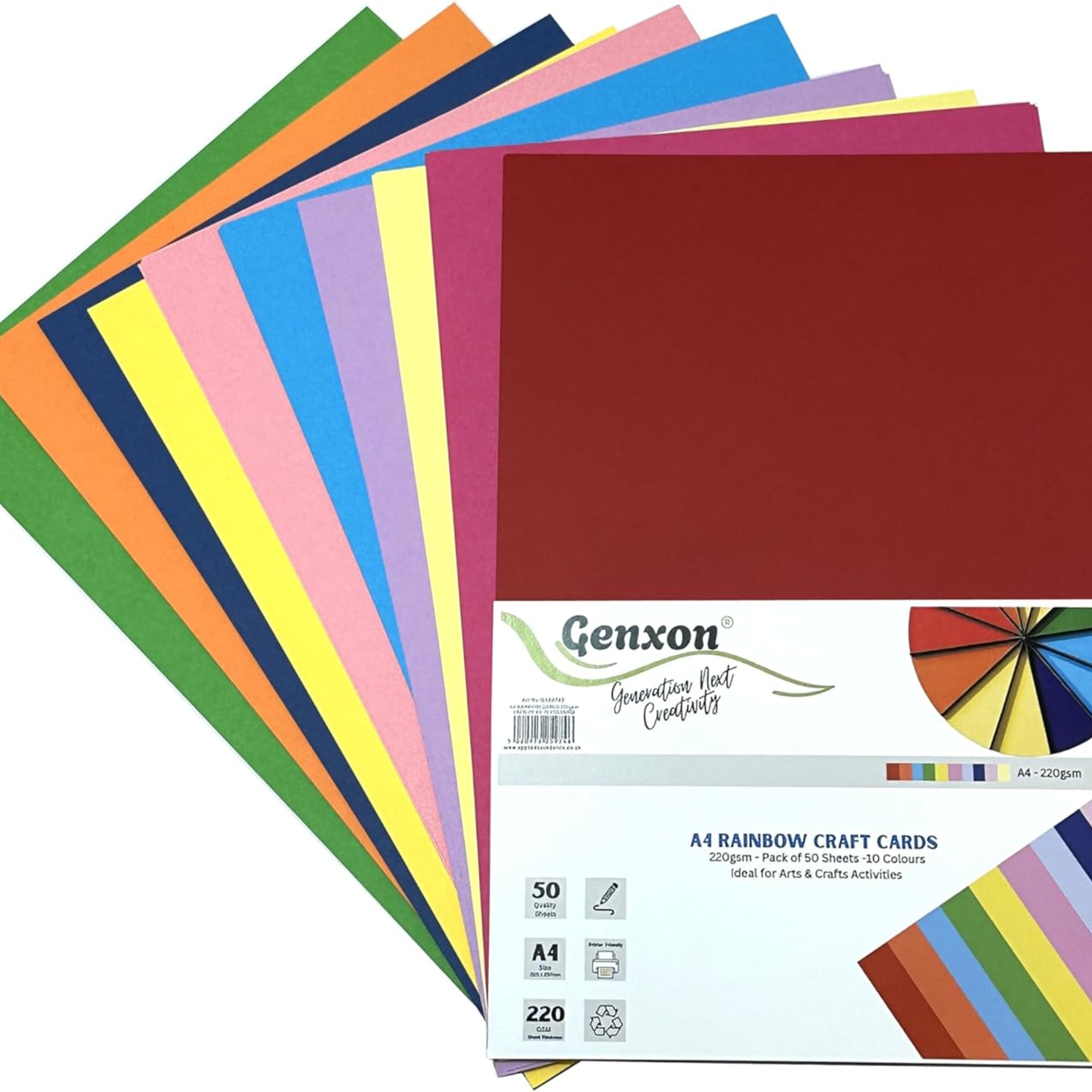 Assorted colorful A4 craft cards with Genxon packaging on a white background