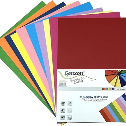 Assorted colorful A4 craft cards with Genxon packaging on a white background