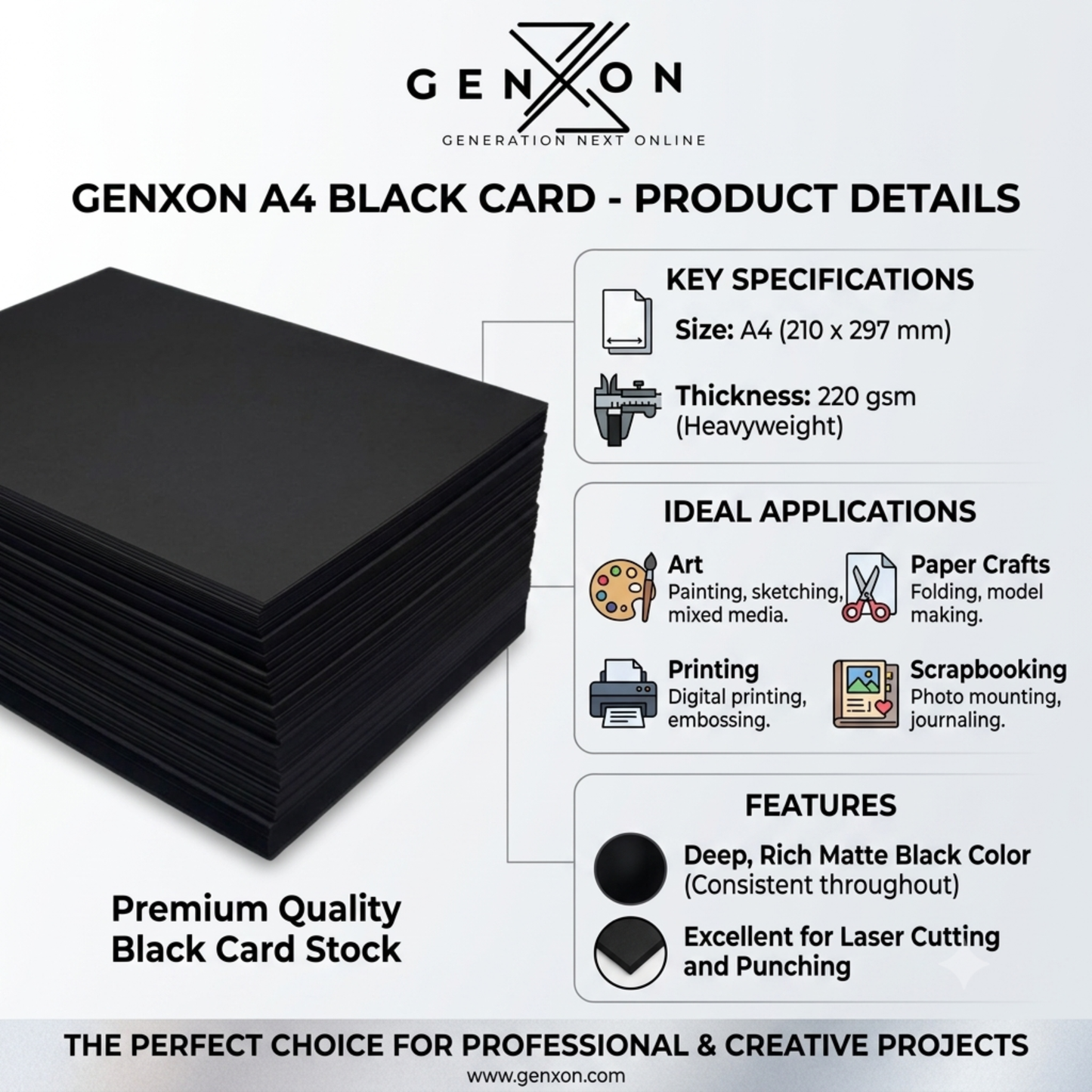 Stack of black card stock with Genxon branding and product details.