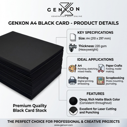 Stack of black card stock with Genxon branding and product details.