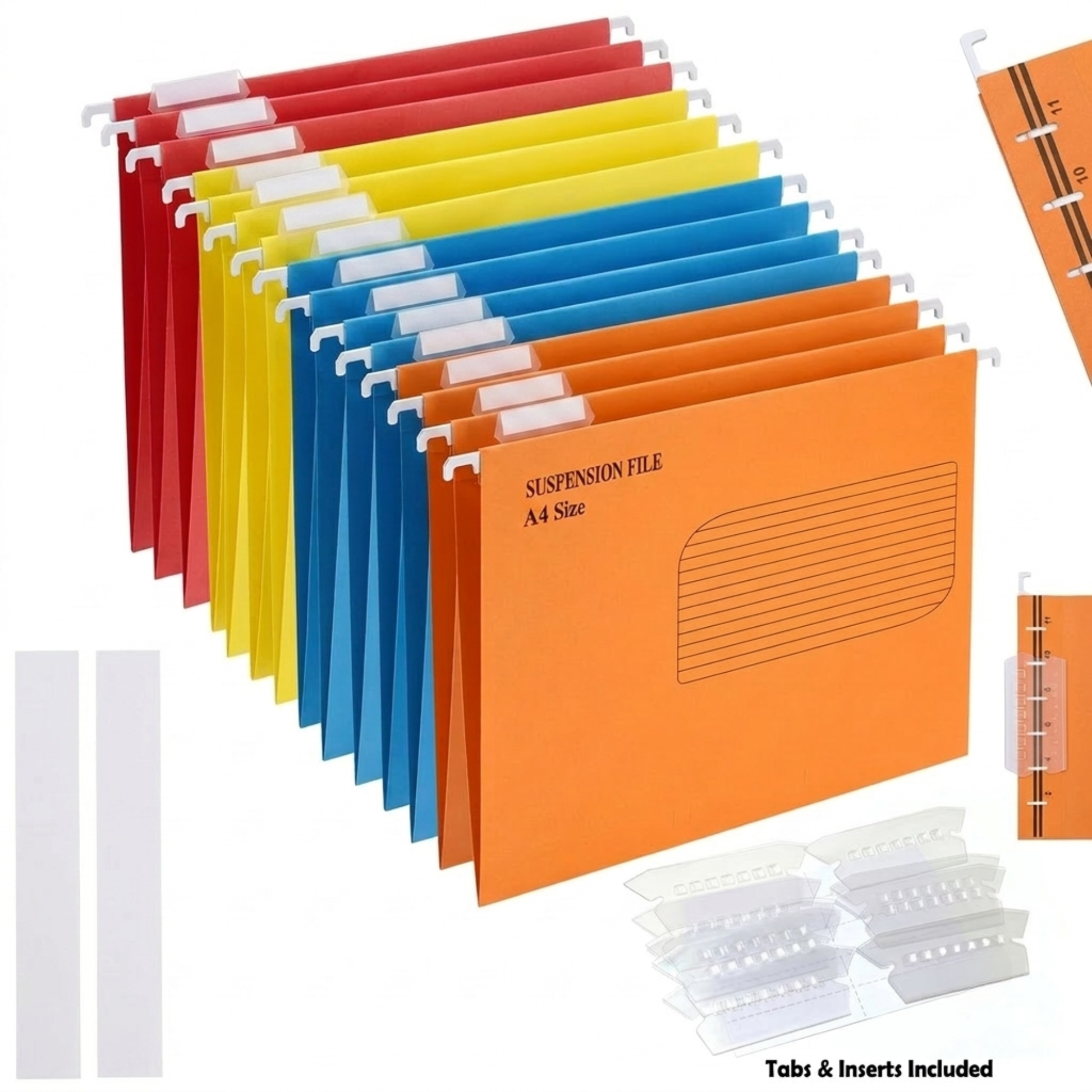 A set of colorful hanging file folders shown on a white background, with orange, blue, yellow, and red folders visible and clear tabs/inserts included. The front folder is orange and printed with 'SUSPENSION FILE A4 Size'.