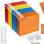 A set of colorful hanging file folders shown on a white background, with orange, blue, yellow, and red folders visible and clear tabs/inserts included. The front folder is orange and printed with 'SUSPENSION FILE A4 Size'.