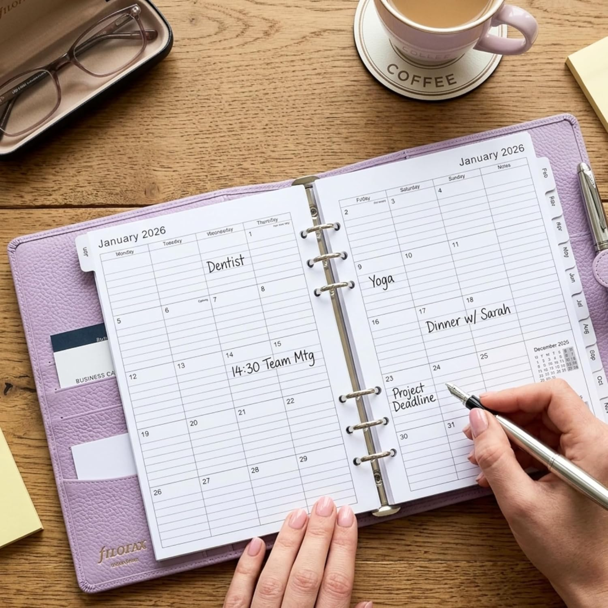 A lavender leather ring binder planner open on a wooden desk, showing the January 2026 weekly calendar pages. A hand is writing in the planner with a silver pen, with a coffee cup, glasses, and sticky notes nearby.