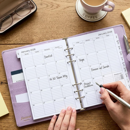 A lavender leather ring binder planner open on a wooden desk, showing the January 2026 weekly calendar pages. A hand is writing in the planner with a silver pen, with a coffee cup, glasses, and sticky notes nearby.