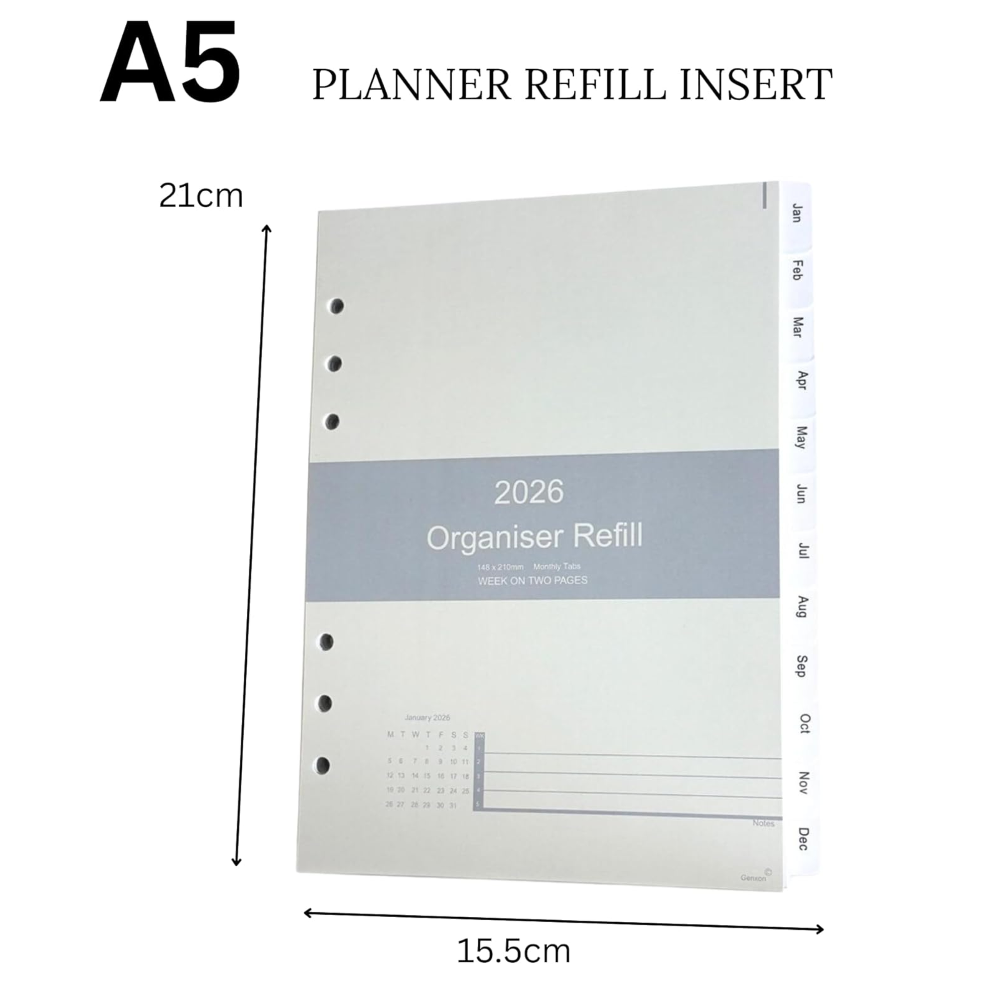 A5 planner refill insert shown on a white background with dimension lines indicating 21 cm height and 15.5 cm width.