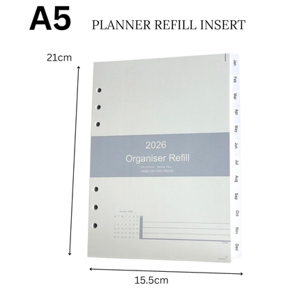 A5 planner refill insert shown on a white background with dimension lines indicating 21 cm height and 15.5 cm width.