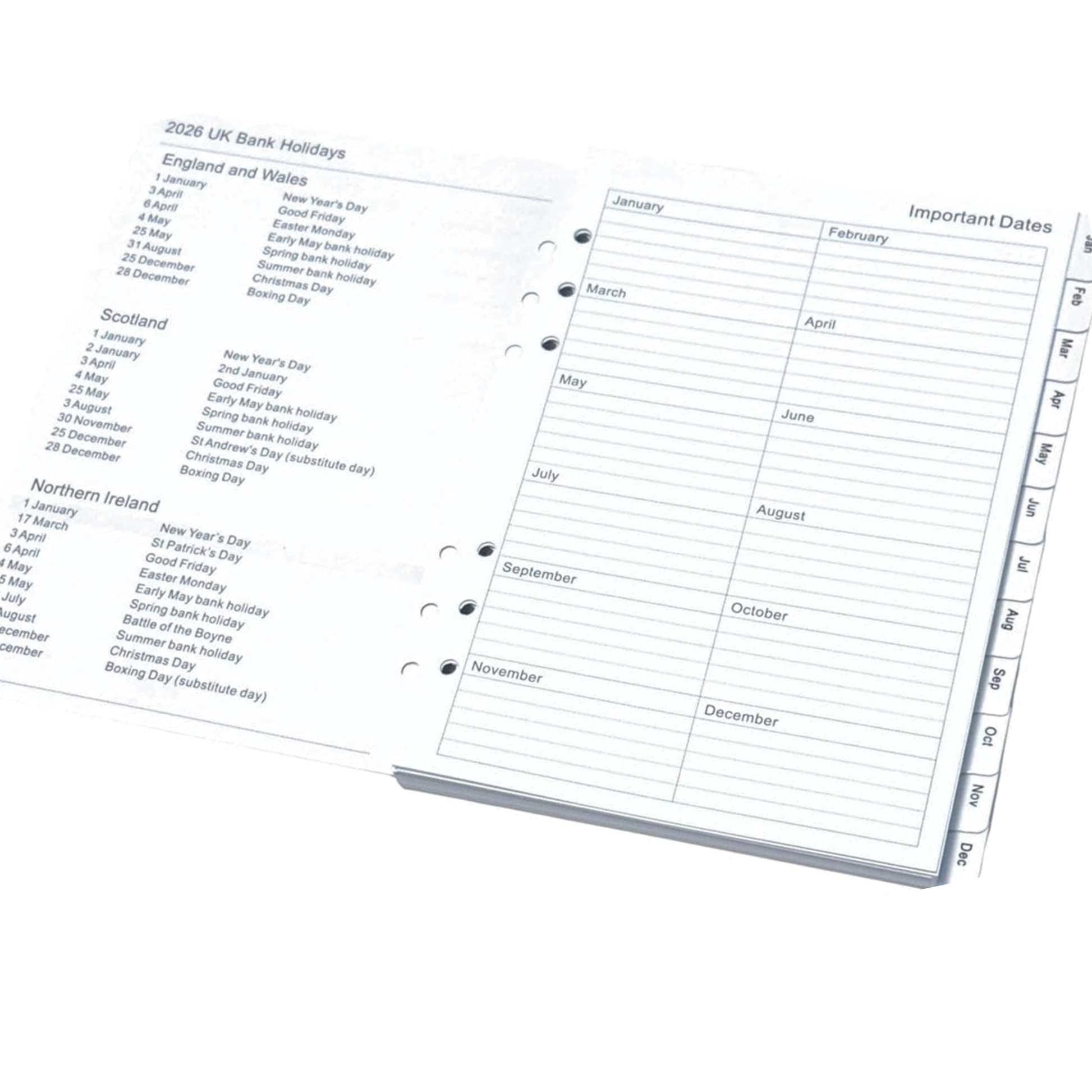 An open planner INSERT A5 showing printed UK bank holidays and monthly important dates pages, photographed on a clean white background.
