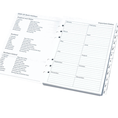 An open planner INSERT A5 showing printed UK bank holidays and monthly important dates pages, photographed on a clean white background.
