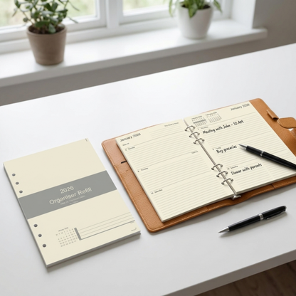 Open planner with pen on a desk next to a closed planner and another pen.
