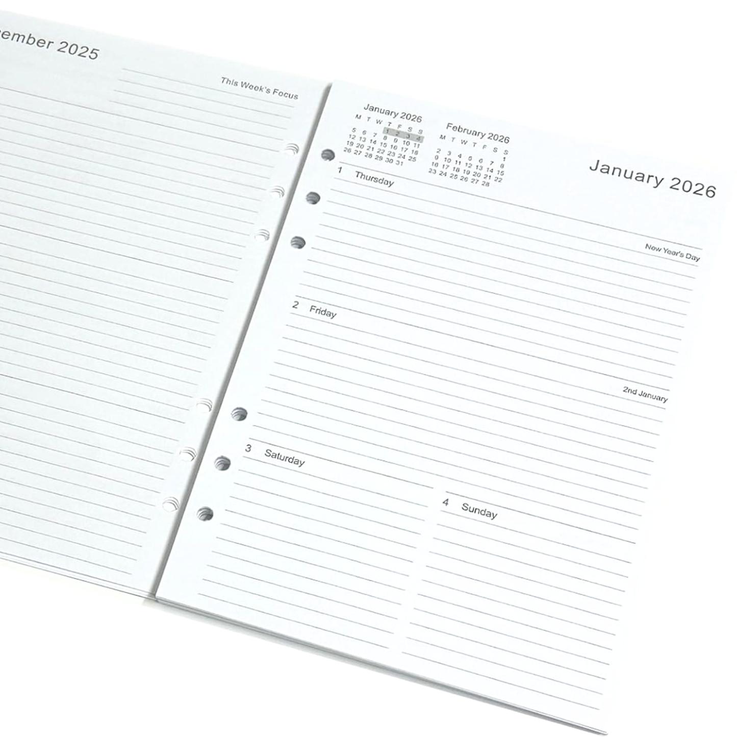 closeup view diary refill pages 2026