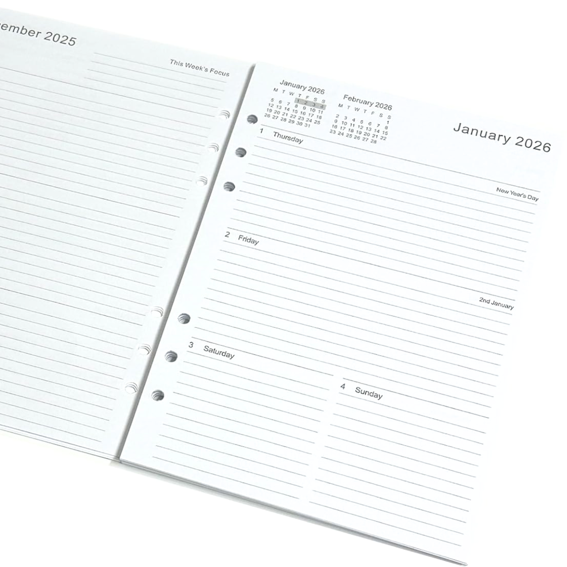 closeup view diary refill pages 2026