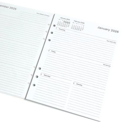 closeup view diary refill pages 2026
