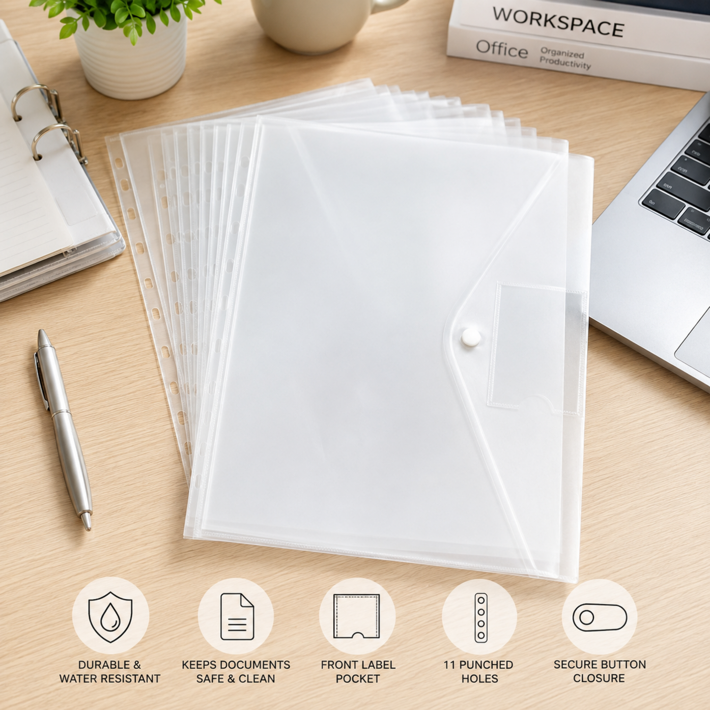 A4 Punched Button Wallets | Pack of 12 Clear Document Wallets with Card Pocket