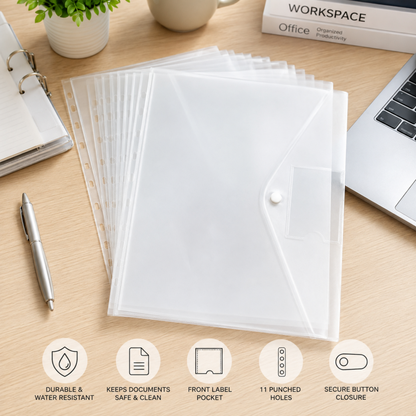 A4 Punched Button Wallets | Pack of 12 Clear Document Wallets with Card Pocket
