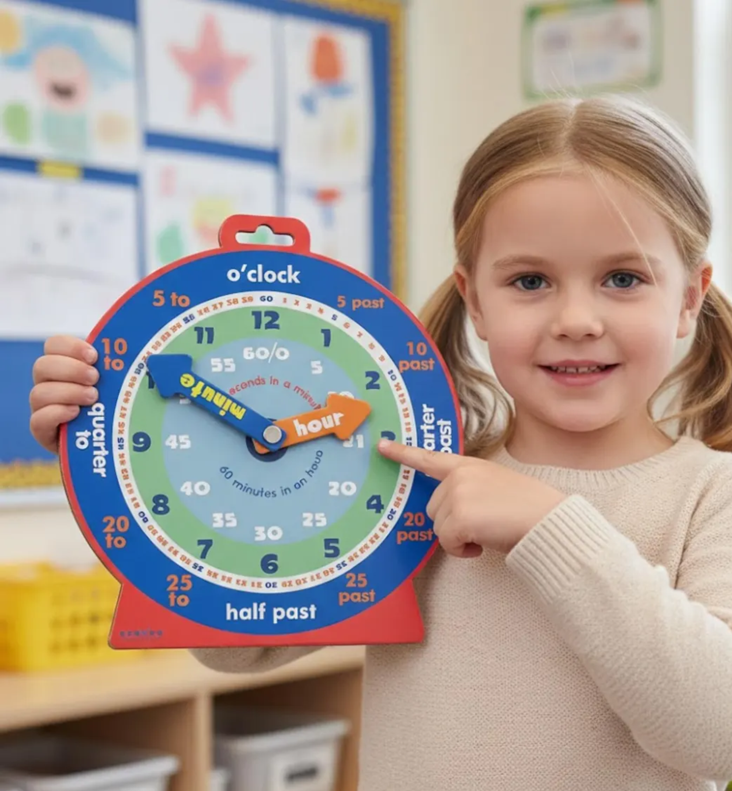 Child holding a colorful educational clock in a classroom setting