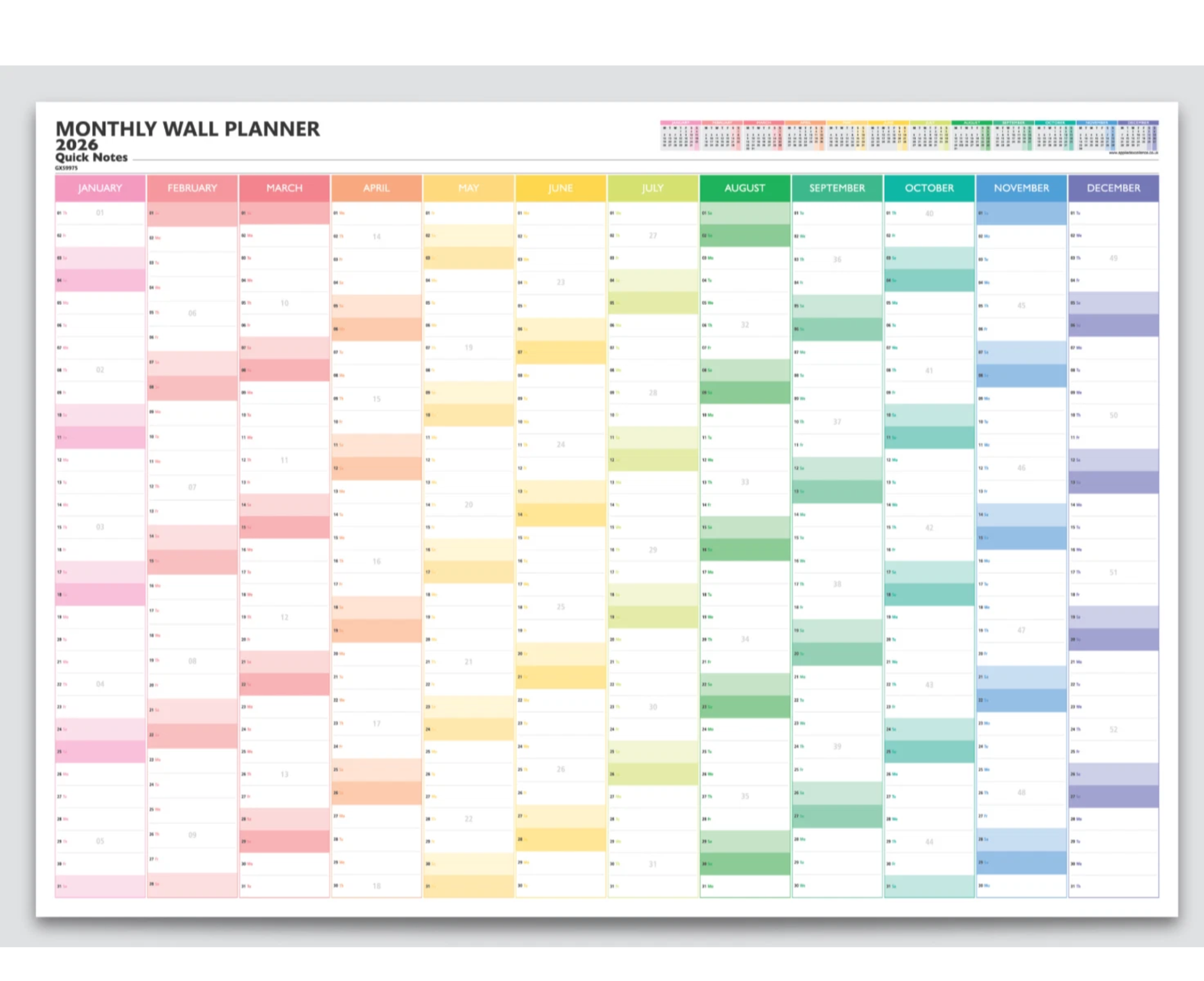 Monthly wall planner for 2026 with colourful columns on a white background