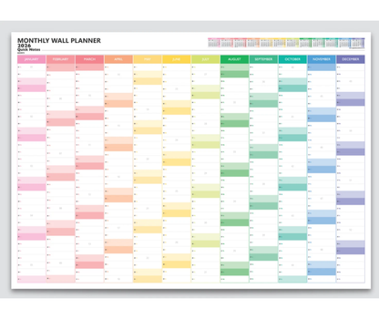 Monthly wall planner for 2026 with colourful columns on a white background