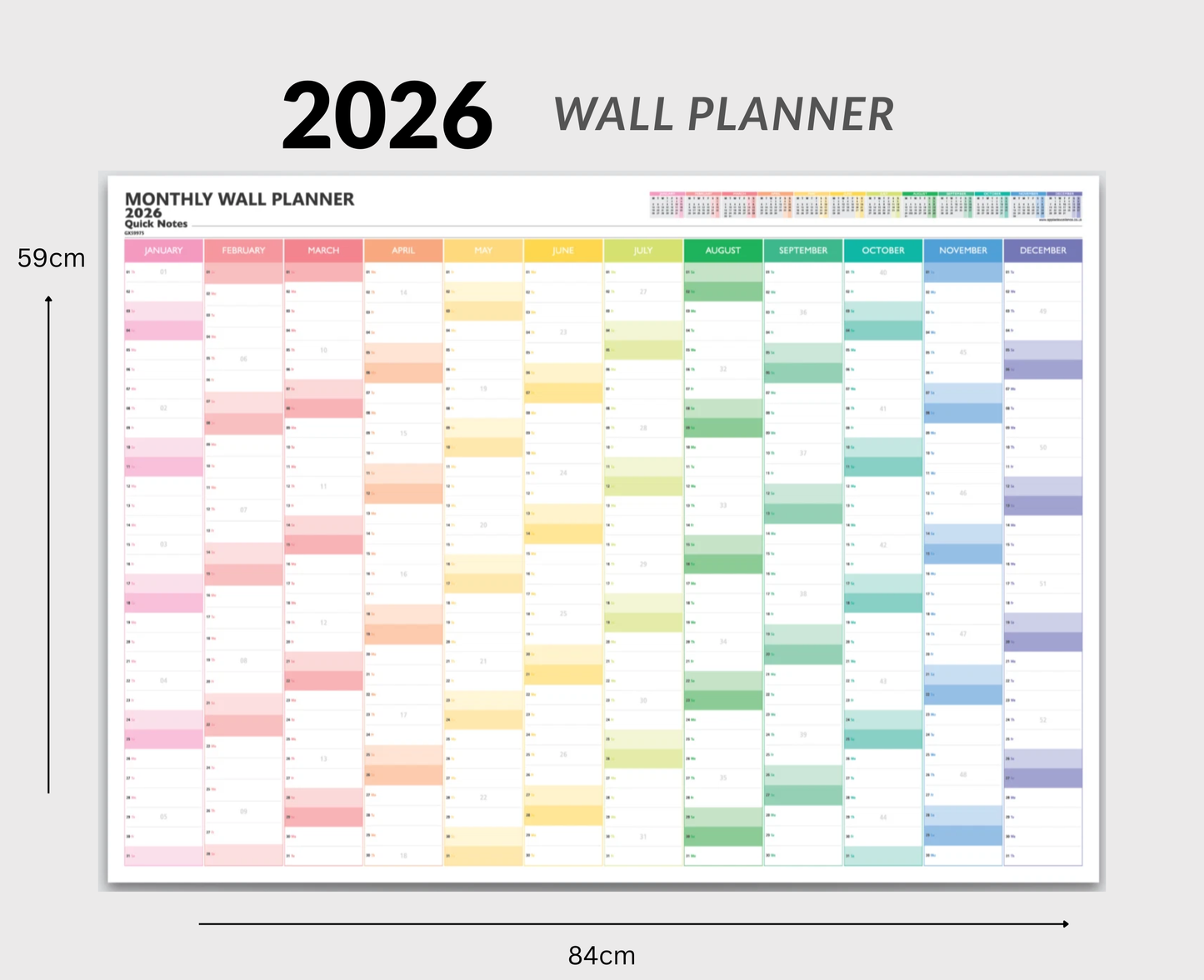 2026 wall planner with colourful monthly sections on a white background 84cm x 59cm