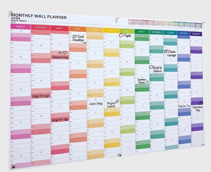 Monthly wall planner with colorful sections for different activities on a white background