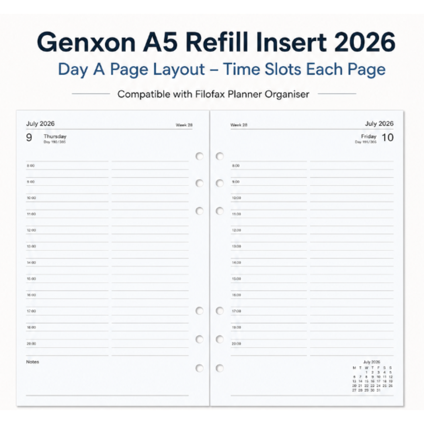 A5 Diary Refill 2026 – Day Per Page, Time Slots 8am–8pm | Filofax Compatible