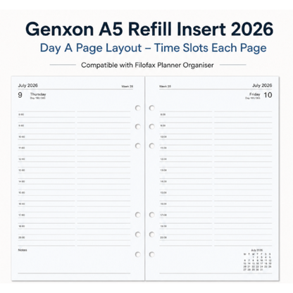 A5 Diary Refill 2026 – Day Per Page, Time Slots 8am–8pm | Filofax Compatible