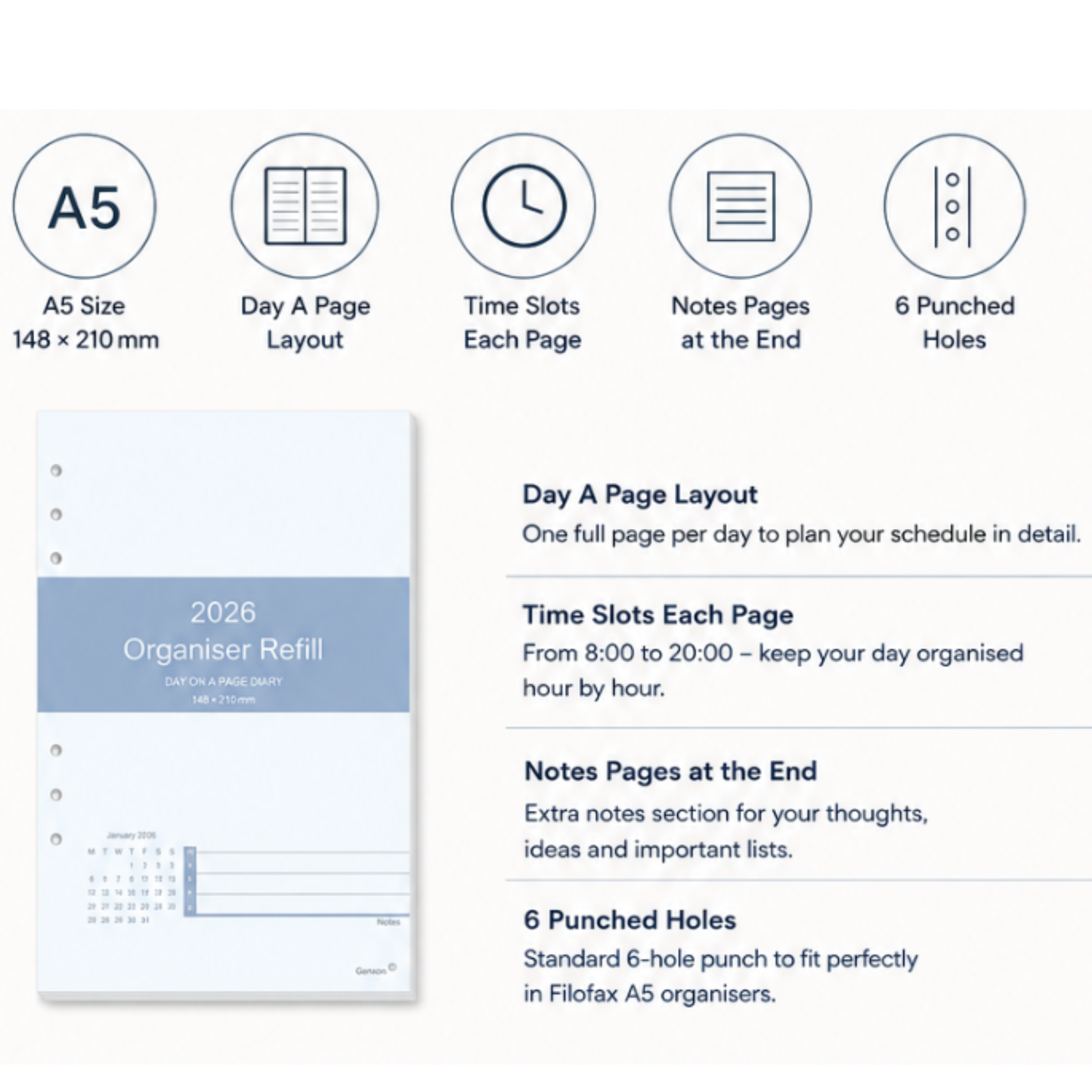 A5 Diary Refill 2026 – Day Per Page, Time Slots 8am–8pm | Filofax Compatible