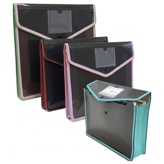 A4 Button Wallet File Folder | Plastic Poly Envelope with Stud Closure & Business Card Pocket | Pink, Teal Blue, Purple, Red
