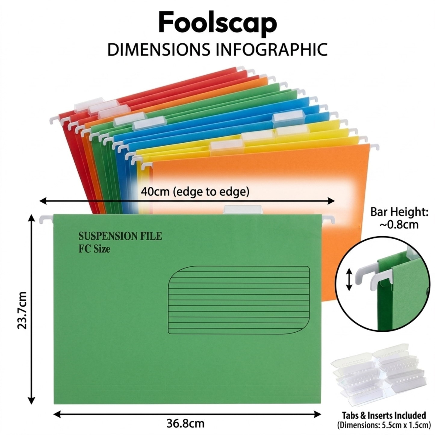 Foolscap Suspension Files with Tabs, 40cm Runners, Assorted Colours