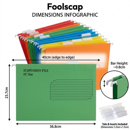 Foolscap Suspension Files with Tabs, 40cm Runners, Assorted Colours