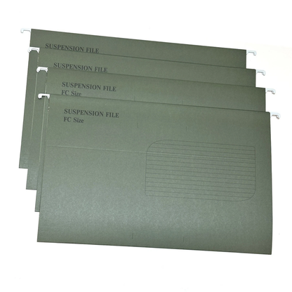 Four green hanging file folders stacked slightly offset, each labelled 'SUSPENSION FILE' and 'FC Size' with a lined writing area on the front, shown on a white background.