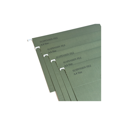 A stack of green A4 size suspension file folders with white hanging tabs and printed text reading 'SUSPENSION FILE A4 Size' on a plain white background.
