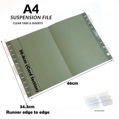 An A4 suspension file folder shown open on a white background, with printed dimensions marking 30.8 cm card section length, 46 cm overall width, and 34.