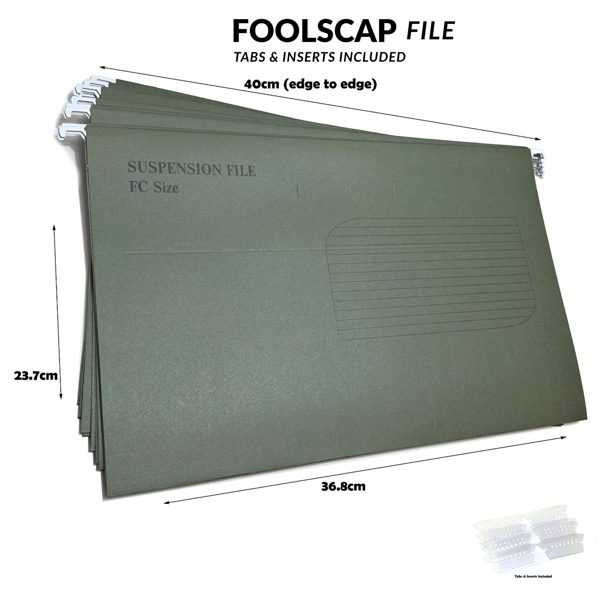 A stack of olive green Foolscap suspension files with dimensions labelled (36.8cm width, 23.7cm)