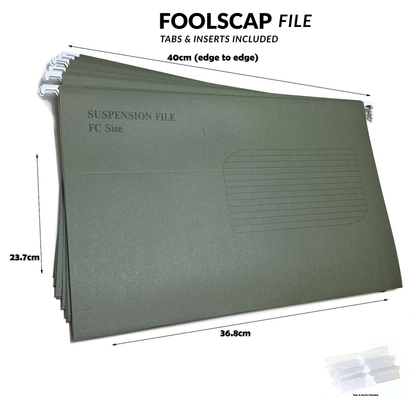 A stack of olive green Foolscap suspension files with dimensions labelled (36.8cm width, 23.7cm)