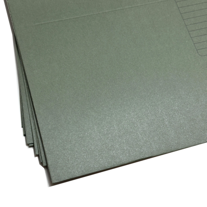 A stack of dark green suspension files 
