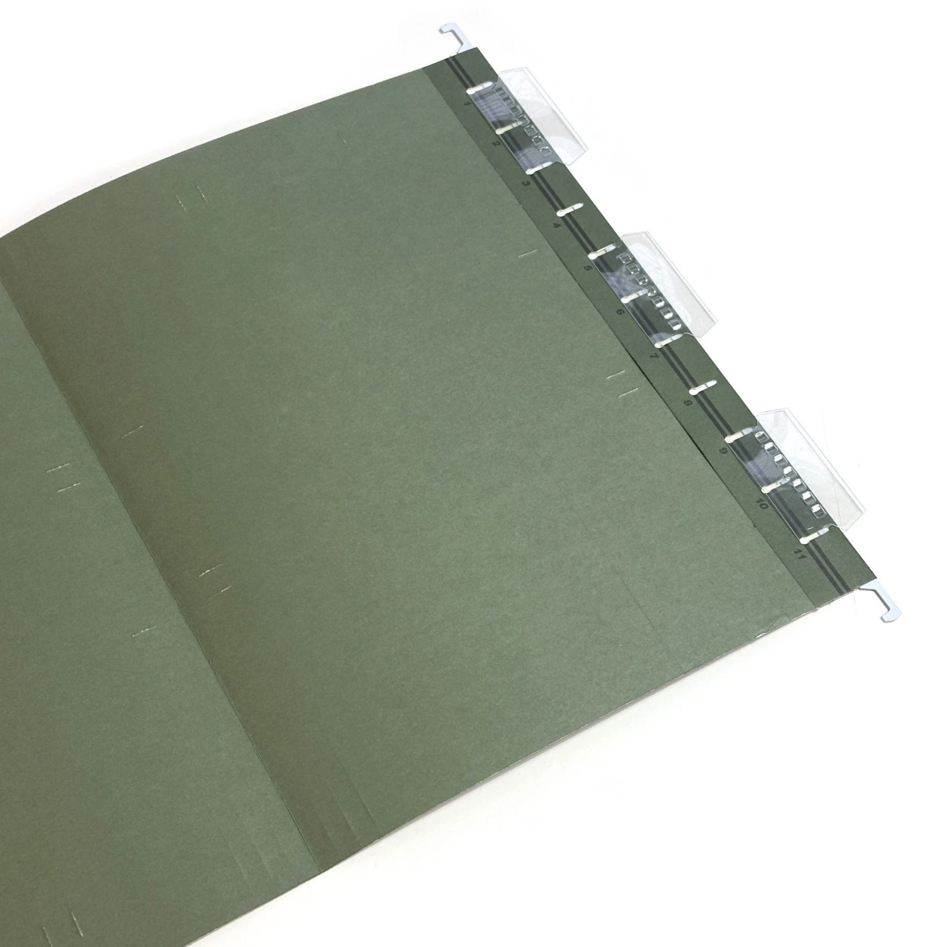 An olive green binder folder with clear plastic divider tabs on a white background.